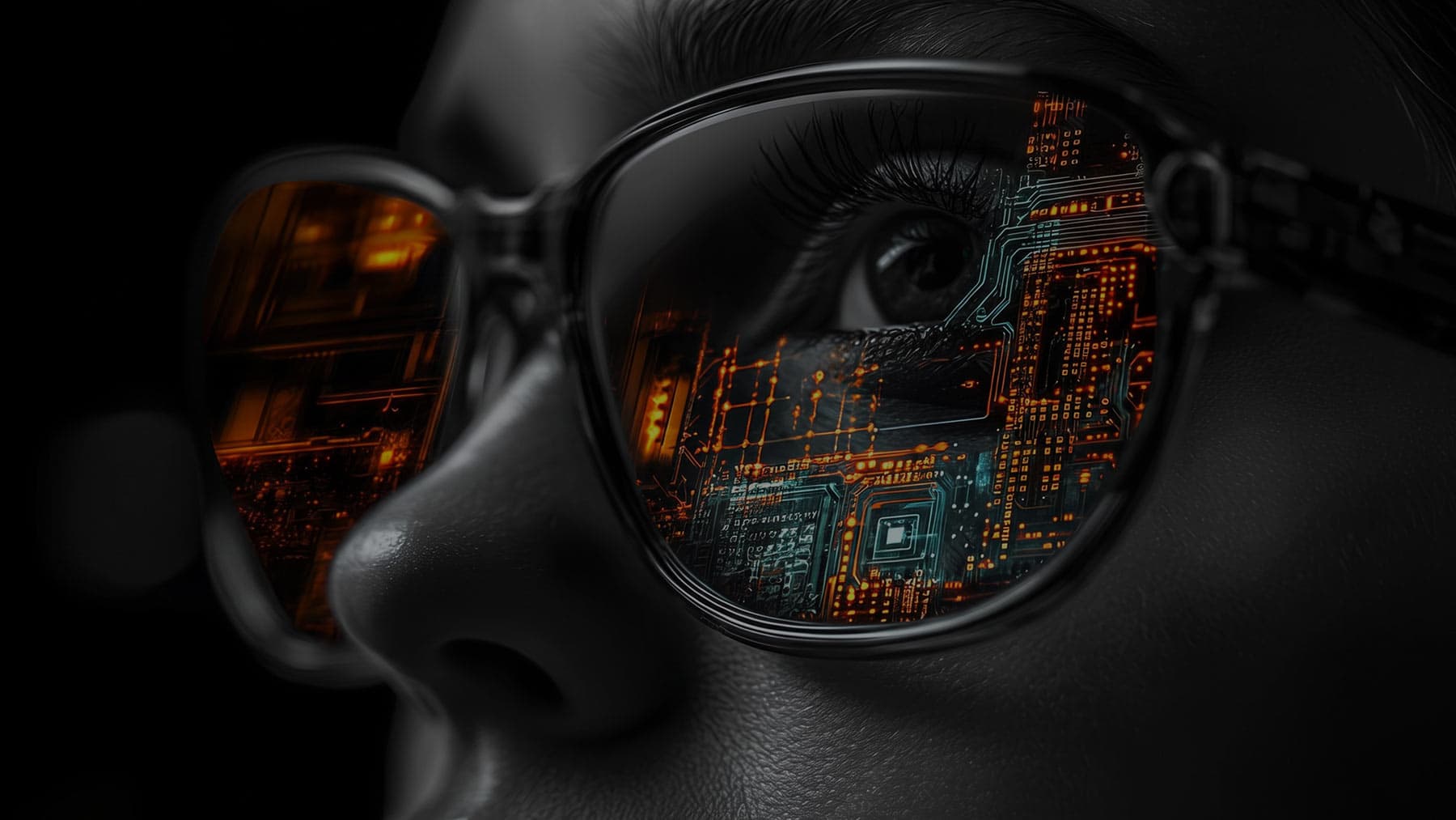 Circuit board reflected in eyewear, representing Makonis Semicon's vision