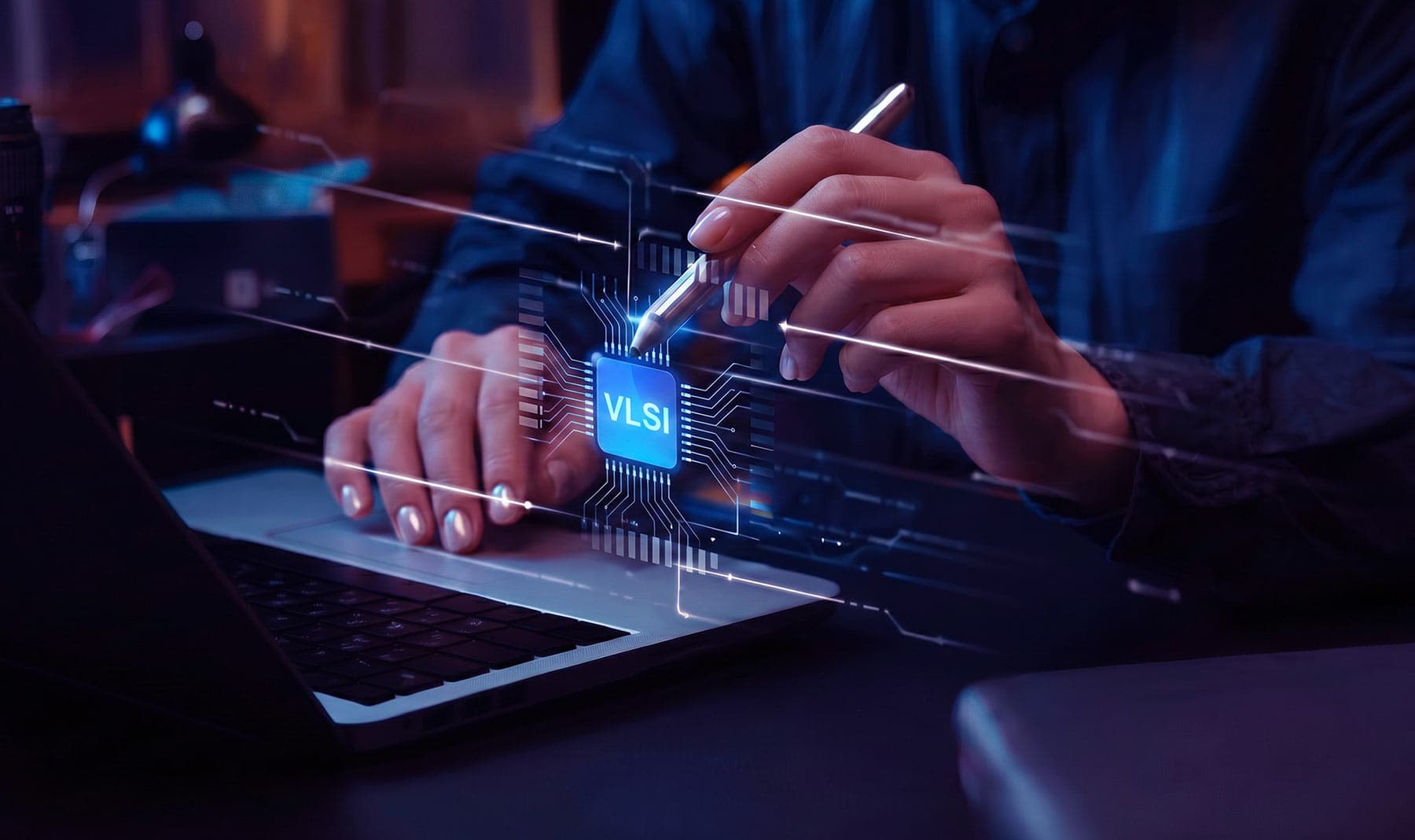 Engineer reviewing a VLSI chip design on a laptop