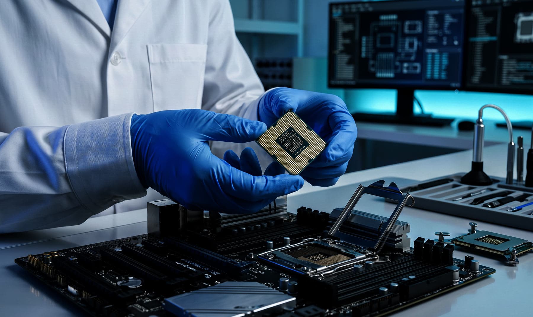 Engineer reviewing a VLSI chip design on a laptop